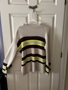 RD Style Cream Ribbed Sweater with Burgundy and Neon Yellow Stripes